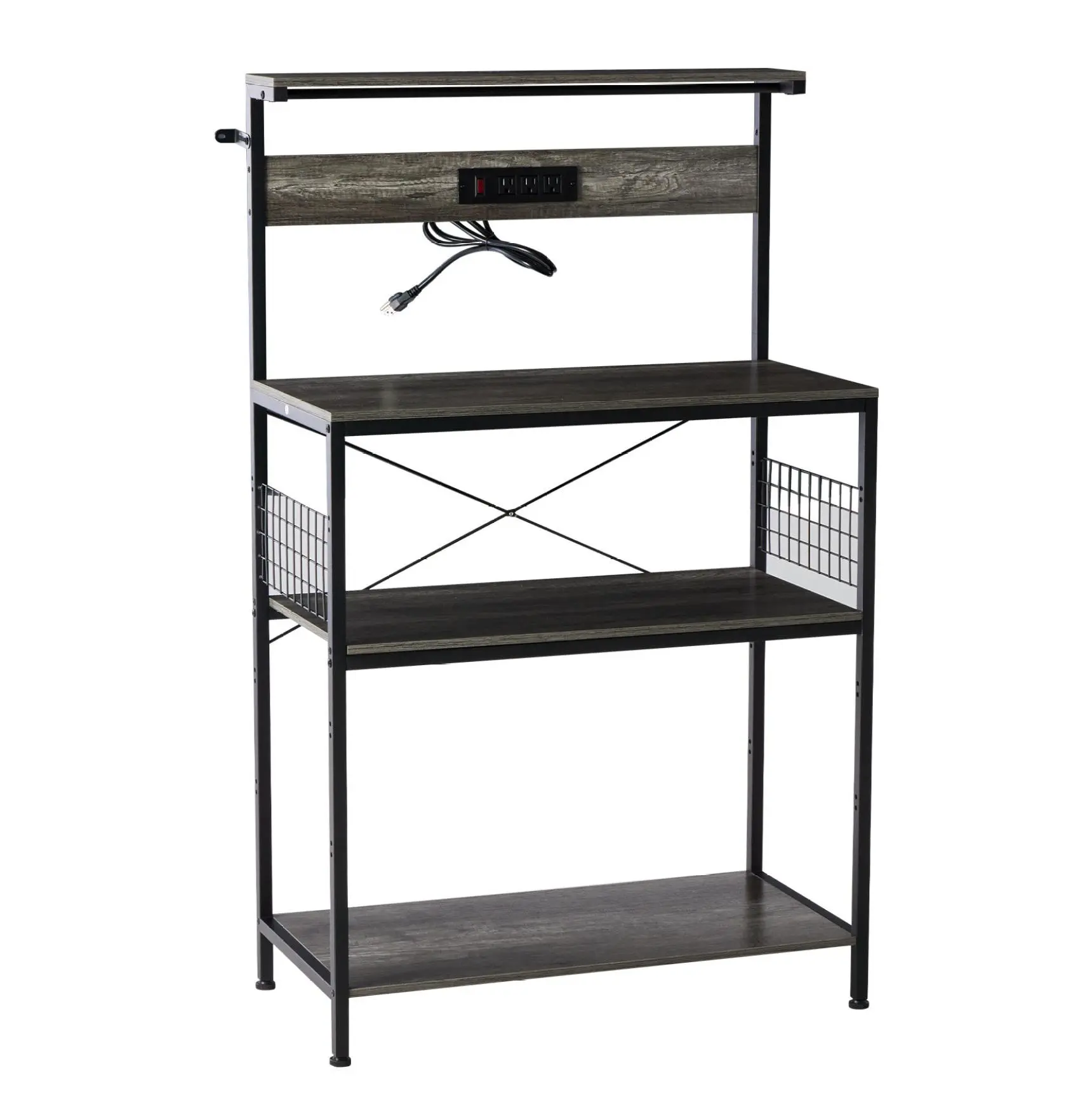 Kitchen Bakers Rack with Power Outlet, Adjustable 3-Tier Storage - Coffee Bar Station, Microwave Stand, Rustic Wood & Metal
