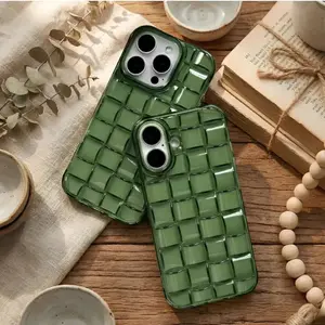 Green Woven Glass-Style Grid Cellphone Cover, Textured 3D Handheld Durable Protection Case for iPhone, Mobile Devices Accessories