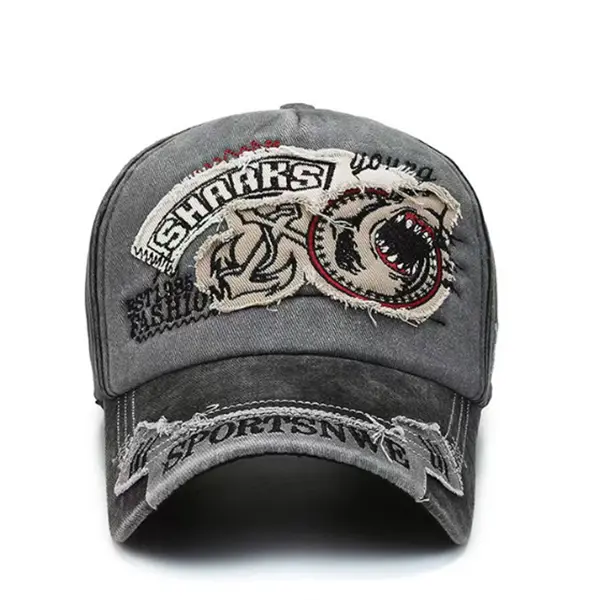 Retro baseball cap - shark embroidery, neutral design, men's and women's adjustable fashionable outdoor sports cap - cool and breathable hat, men's sun shading and sun protection duckbill cap
