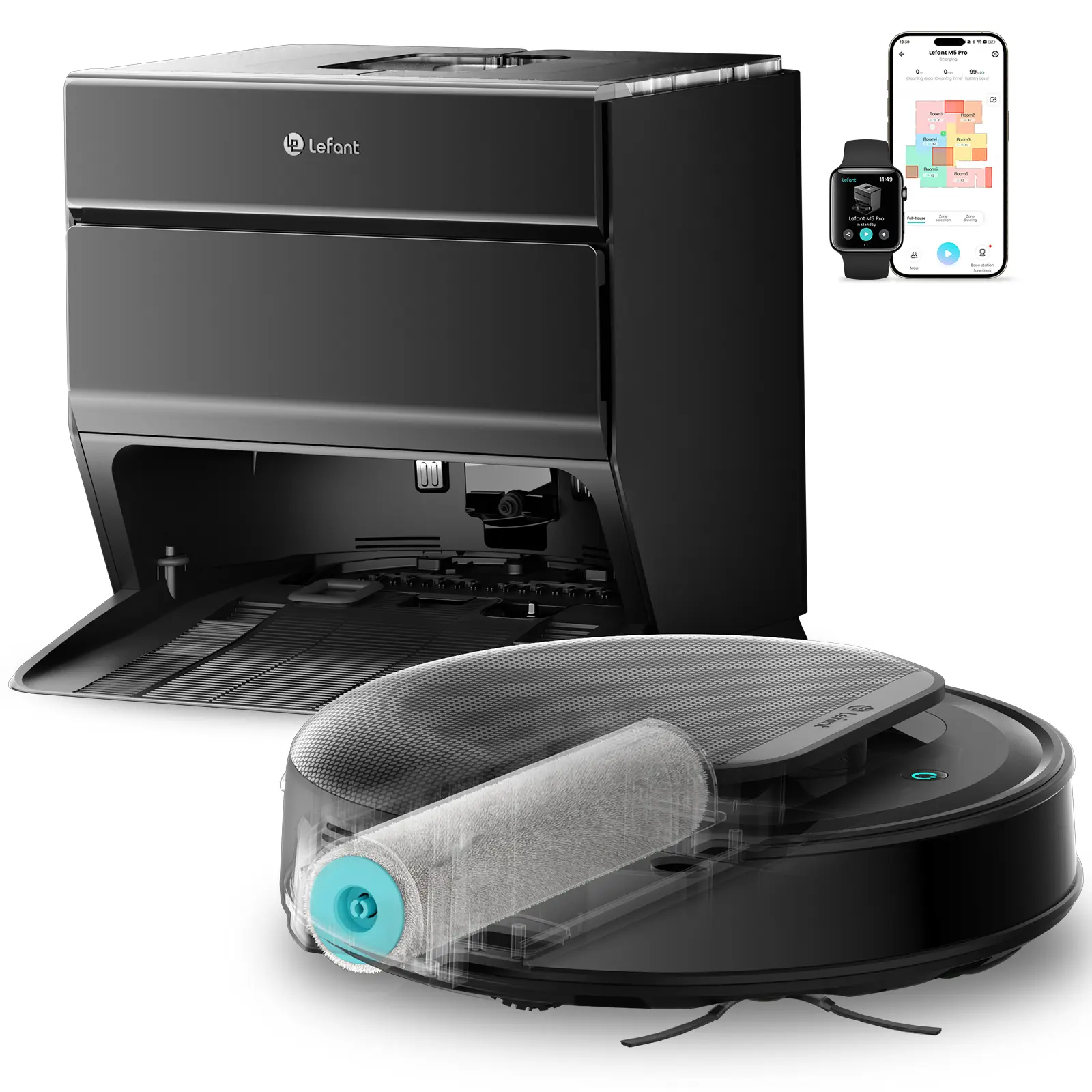 Lefant M5 Robot Vacuum and Mop with Self-Washing Roller Mop, 15,000Pa Suction, Self-Empty Dock, LiDAR Navigation, 190° PSD Obstacle Avoidance, App Control, Ideal for Pet Hair & Hard Floors