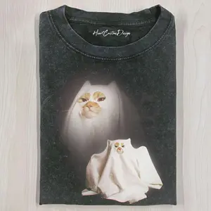 Retro Funny Ghost Kitten T-Shirt, Vintage Washed Crew Neck Tee, Unisex Meme Cringe Funny Dumb Shirt, Streetwear Cotton Graphic Tee