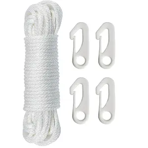 Flag Pole Rope Kit - 50 Feet x 1/4" Diameter Flag Pole Halyard Nylon Rope with 4 Pieces Flag Pole Hook Clips - Outdoor Flagpole Accessories, Rope for Clothesline, Swing, Camping