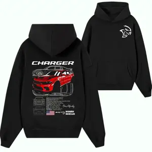 Charger SRT Hellcat Graphic Hoodie – Black Muscle Car Sweatshirt Featuring Red Charger Performance Car Design