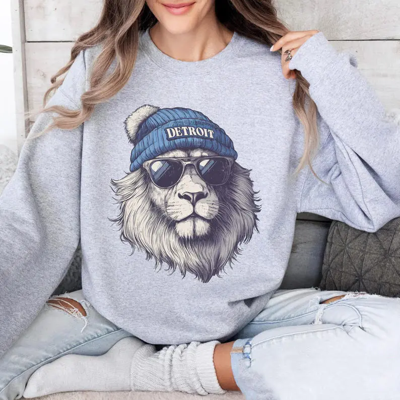 Detroit Football Sweatshirt, Lion Mascot Crewneck, Detroit Game Day Gift Fan Casual Cotton