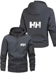 Men's Lightweight Stylish Polyester Hooded Jacket with Hh Letter Print, Full and Half Zip Closure, Casual Outdoor Coat for Spring & Fall