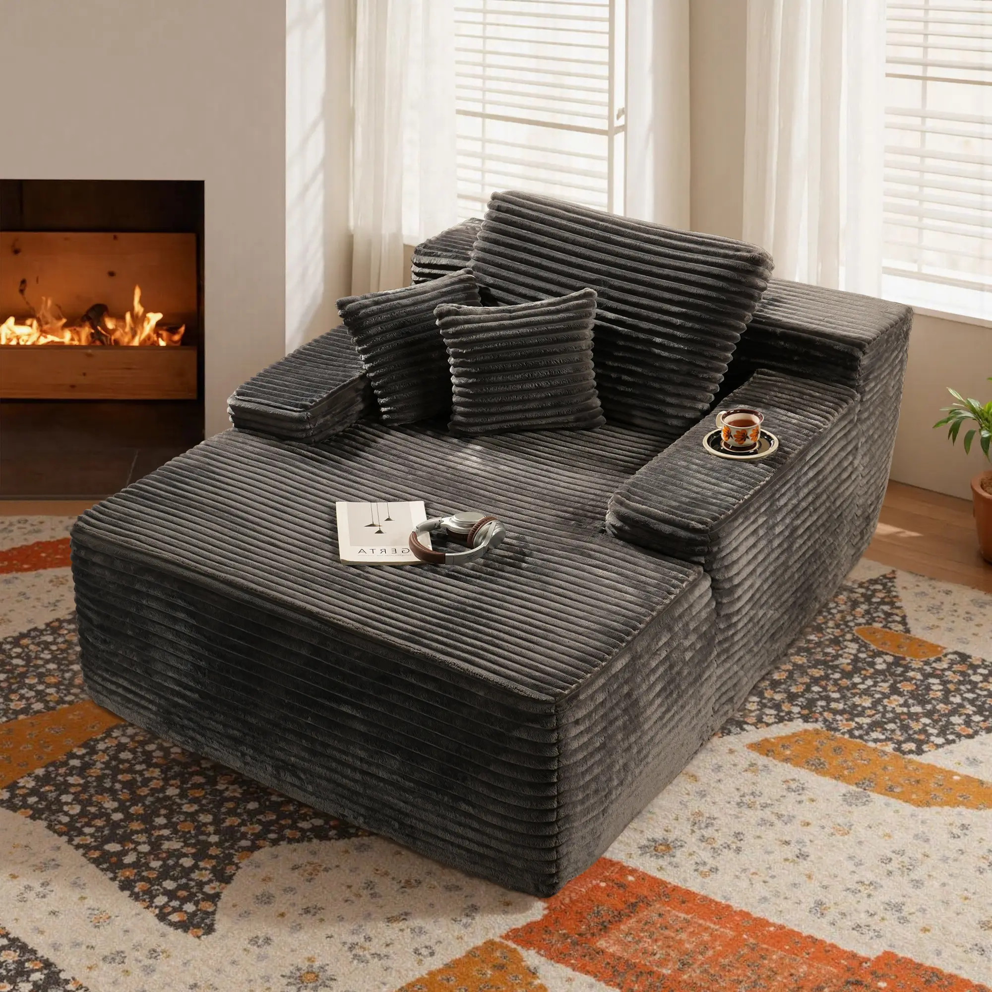 Grey Plush Corduroy Single Seat Chaise