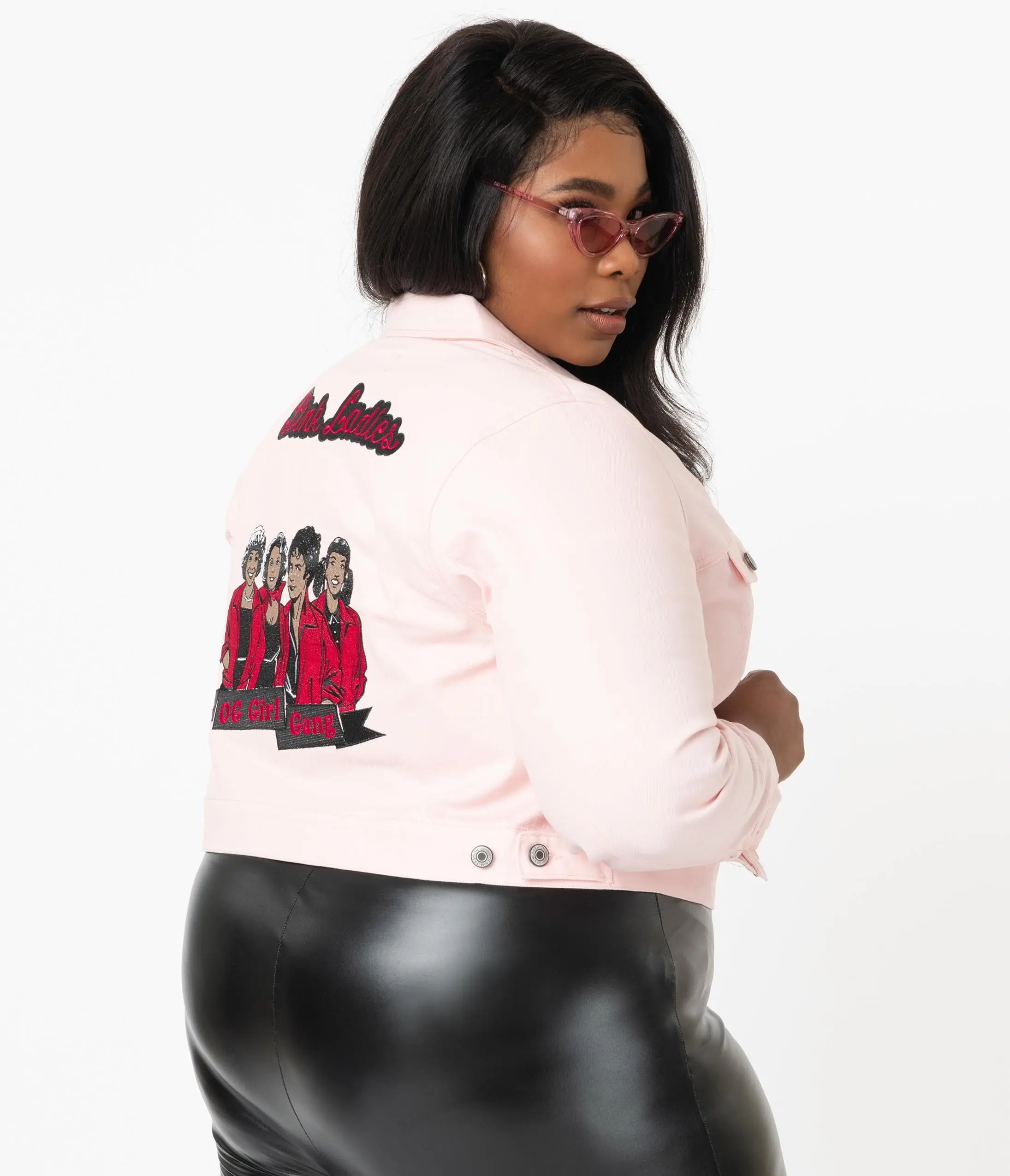 Grease x Unique Vintage Plus Size Pink Ladies Denim Jacket