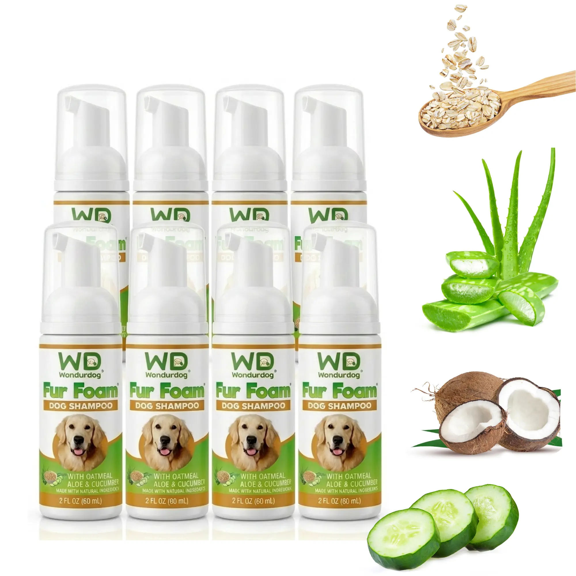 Wondurdog Fur Foam Dog Shampoo, 8-Pack Mini Size (2oz Each) — Oatmeal, Coconut, Aloe & Cucumber — Hypoallergenic, Moisturizes Dry Skin, Softens Coat, Lathers from Bottle