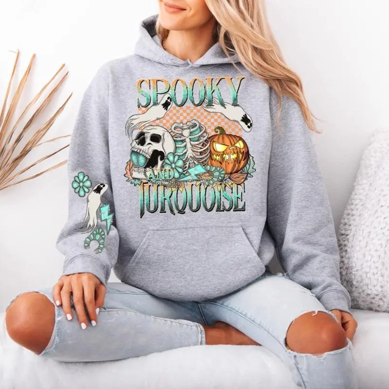 Spooky Turquoise Gildan hooded Sweatshirt with Sleeve design unisex sizing womenswear comfortable soft Casual Pullover Tops Fabric Pocket Mint Green Green Spandex Cotton