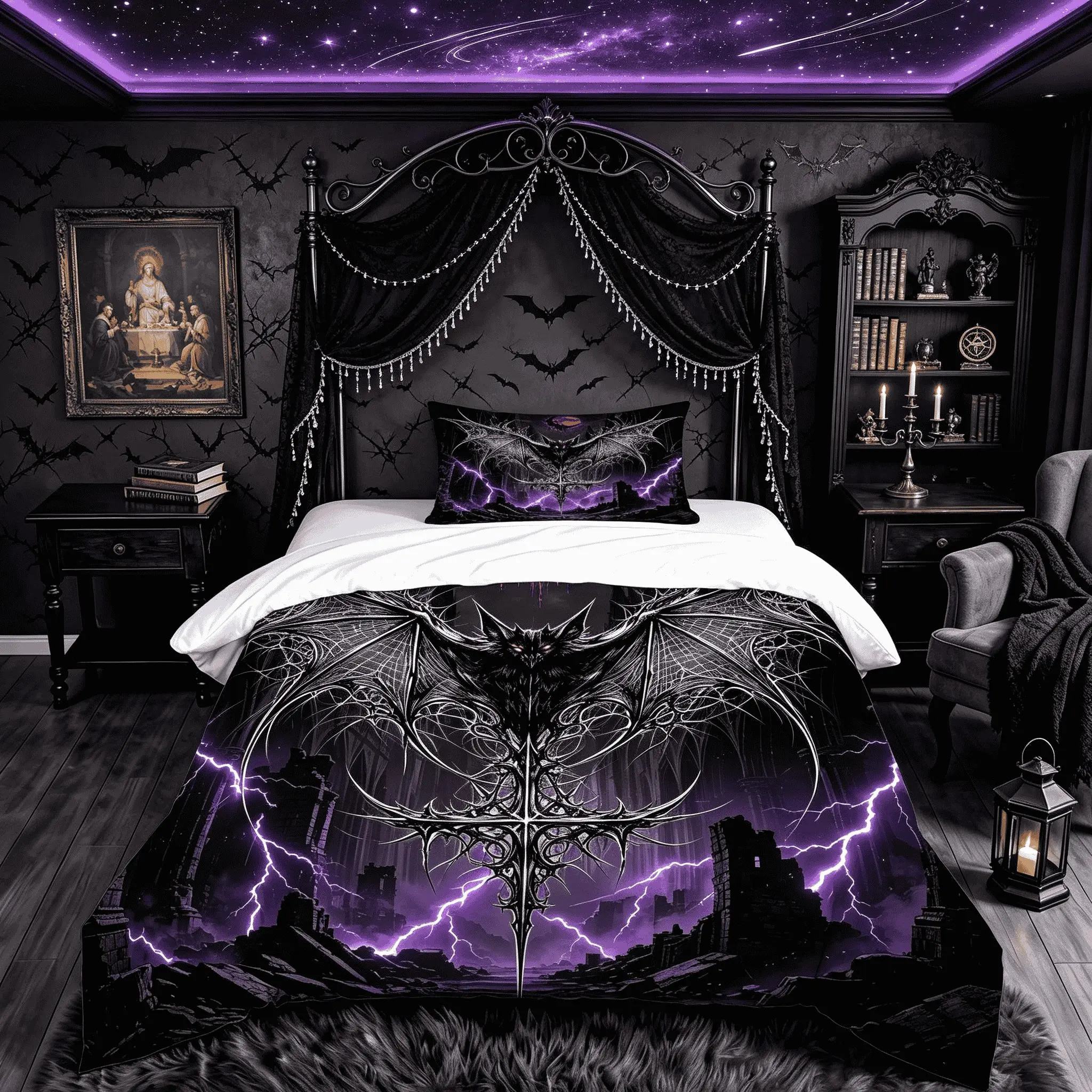 2/3‑Piece Dark Gothic Bat Duvet Cover Set, Vampire Blood Moon Lightning‑Style Digital Print Bedding, Without Insert, Stylish Bedding for Bedroom Decor & Gifting to Gothic and Dark‑Style Enthusiasts