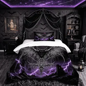2/3‑Piece Dark Gothic Bat Duvet Cover Set, Vampire Blood Moon Lightning‑Style Digital Print Bedding, Without Insert, Stylish Bedding for Bedroom Decor & Gifting to Gothic and Dark‑Style Enthusiasts