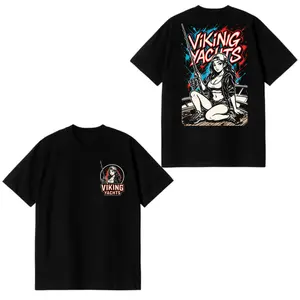 Viking Yachts T-Shirt, Bold Fishing Girl Graphic with Rod & Yacht Design, Viking Nautical Lifestyle Graphic Shirt for Anglers & Ocean Lovers, Gift for Fishermen & Boat Enthusiasts