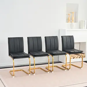 Set of 4 Modern Dining Chairs, Black/White PU Leather Kitchen Chairs with Gold/Silver/Black Metal Legs for Living Room Bedroom Office, Arched Legs, Fast Setup, Four-Pack
