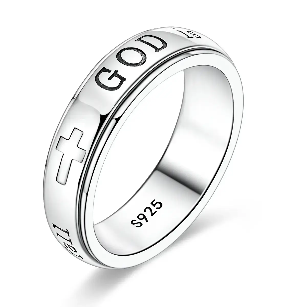 Women's 925 Silver-Plated Spinner Ring, Christian Fidget Jewelry with Engraved Psalm 46:5 Verse and Holy Cross for Anxiety Relief, Inspirational Message Gift for Resilience, Strength, Gift Of Encouragement, Calming Spinner