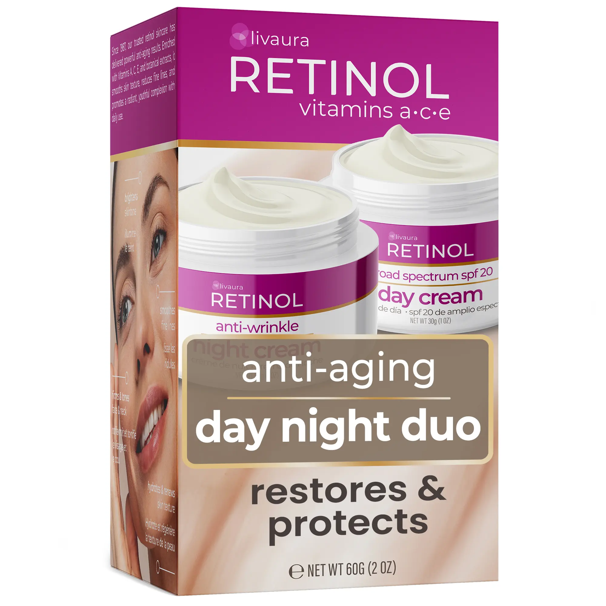 LIVAURA Retinol Anti-Aging, Vitamin Enriched Night Cream & Day Cream - Your 24 HOUR skincare duo that works day and night to give you younger-looking skin, 1 Ounce Each