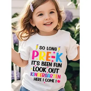 So Long Pre-k Its Been Fun Look Out Kindergarten Here I Come Kids Cotton T-Shirt Graduation Theme Comfortable Round Neck Short Sleeve with Colorful School Motifs Ideal for Summer Preschool Graduation Gifts