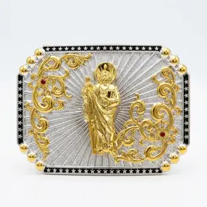San Judas Tadeo Western Belt Buckle – Sunburst Star Border Saint Jude Hebilla Vaquera Rodeo Belt Buckle Gold Silver Red Jewel Fits 1.6 Inch Belt