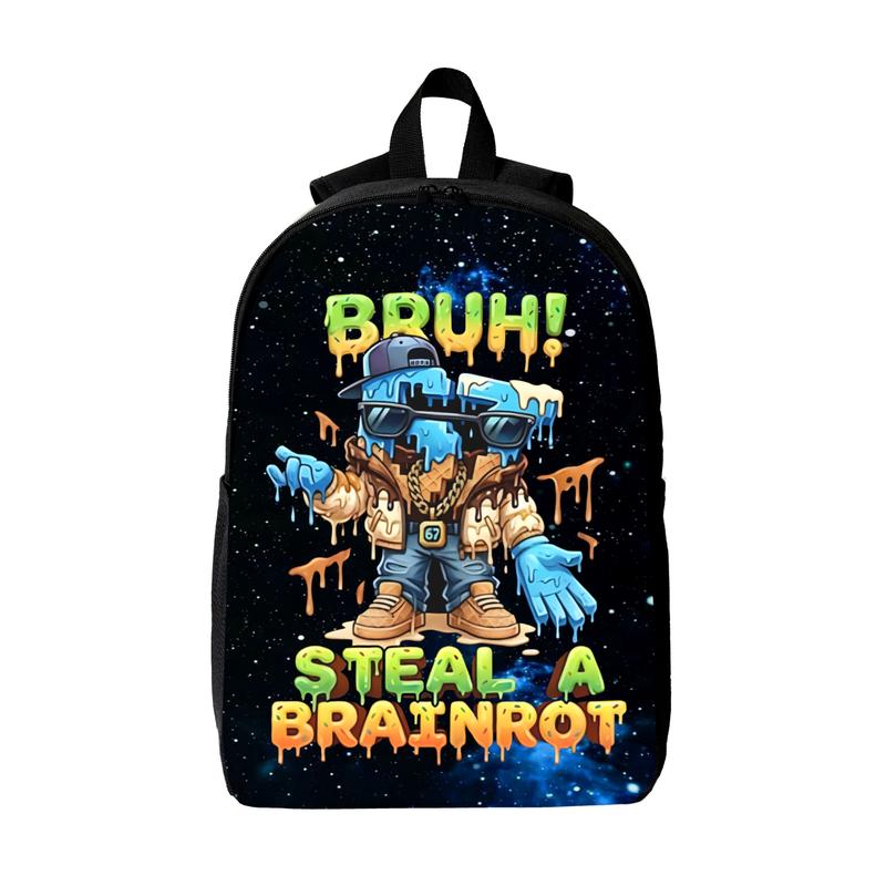Graffiti 'Bruh! Steal A Brainrot' 67 Print Backpack, Starry Sky Pattern Casual Daypack for School & Travel