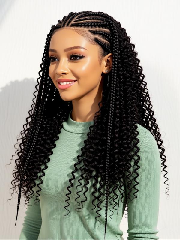 13x6 HD Lace Frontal Half-Braided Curly Wigs, Synthetic Braids Half-Cornrows Half-Curly Wig with Baby Hair, Pre-Styled Braid Wigs, 18 Inch