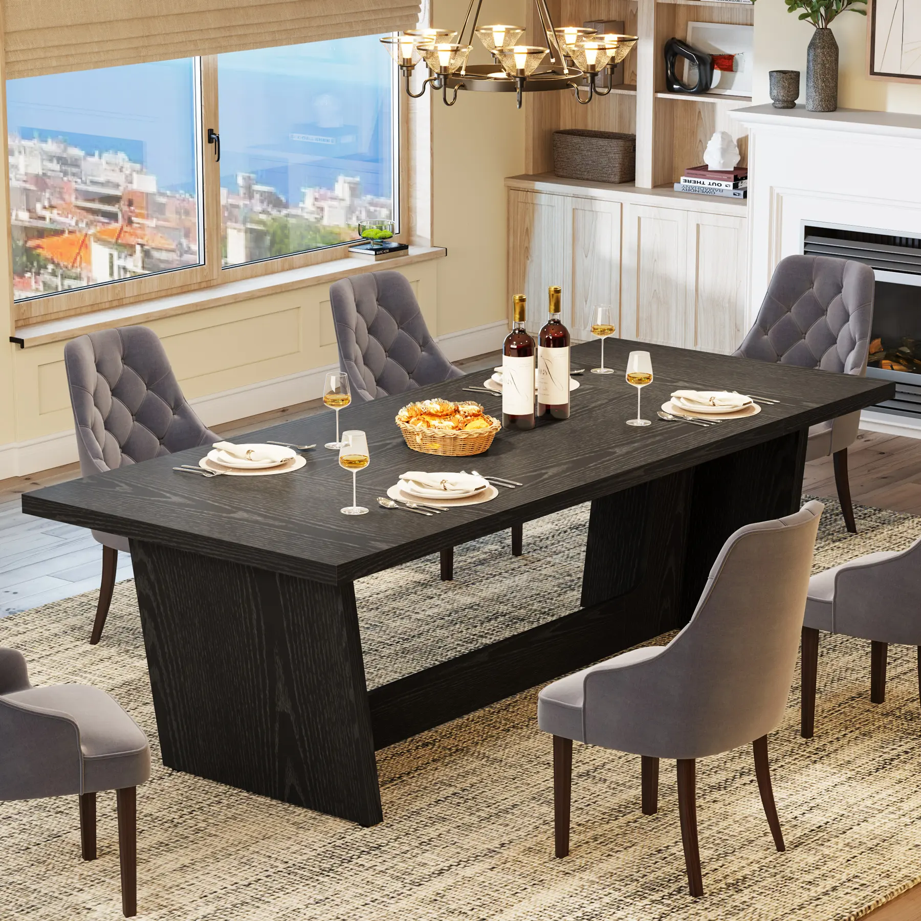 Tribesigns 70.87-Inch Dining Room Table: Wood Large Dining Table for 6-8 People, Rectangular Farmhouse Kitchen Table with Solid Pedestal, Rustic Long Dinner Table for Big Family