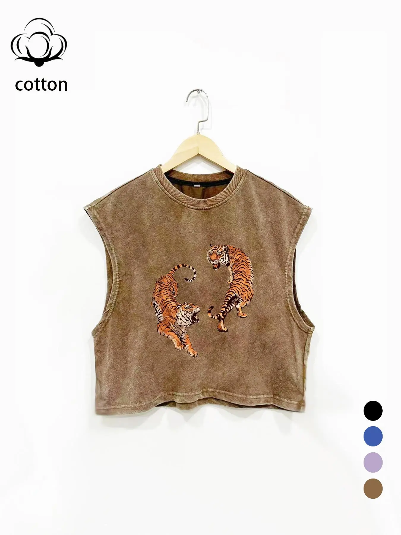 Men Women Cotton Breathable Sleeveless Printed Vest Top, Loose Fit Round Neck Design, Fashionable Tiger Print Street Style Tee, Loose Tank Top, All-Season Wear Unisex