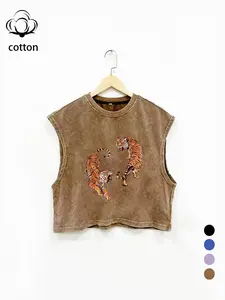 Men Women Cotton Breathable Sleeveless Vest Top, Loose Fit Round Neck Design, Fashionable Tiger Print Street Style Tee, Loose Tank Top, All-Season Wear Unisex