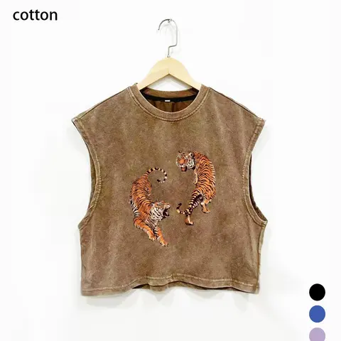 Men Women Cotton Breathable Sleeveless Printed Vest Top, Loose Fit Round Neck Design, Fashionable Tiger Print Street Style Tee, Loose Tank Top, All-Season Wear Unisex