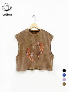 Men Women Cotton Breathable Sleeveless Vest Top, Loose Fit Round Neck Design, Fashionable Tiger Print Street Style Tee, All-Season Wear