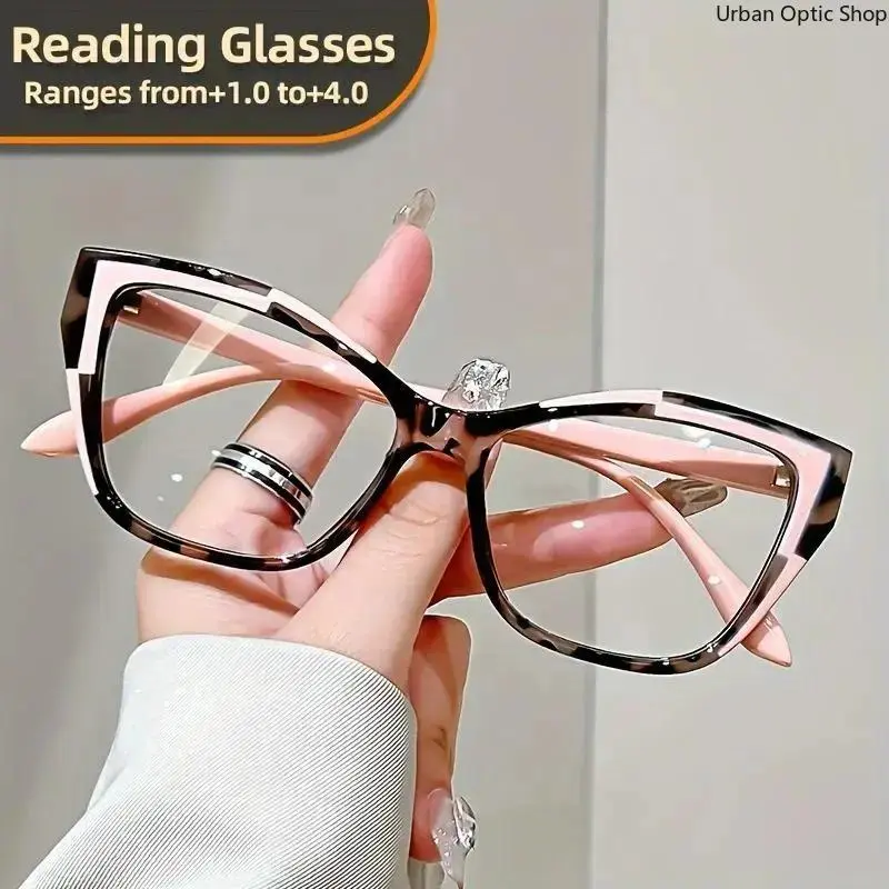Reading Eyeglasses for Women, Glamorous Cat Eye Frames with Funky Baroque Pattern, Anti-Blue Light Lenses
