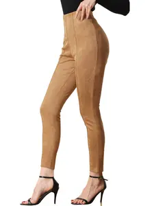 INSPIRE CHIC Faux Suede Leggings High Waisted Stretch Slim Casual Pants Brown