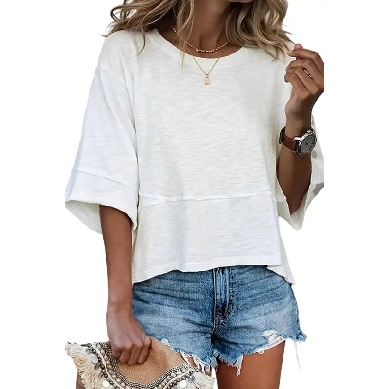 Flamingals Solid Stitch Detail Round Neck Three Quarter Length Sleeve T-Shirt