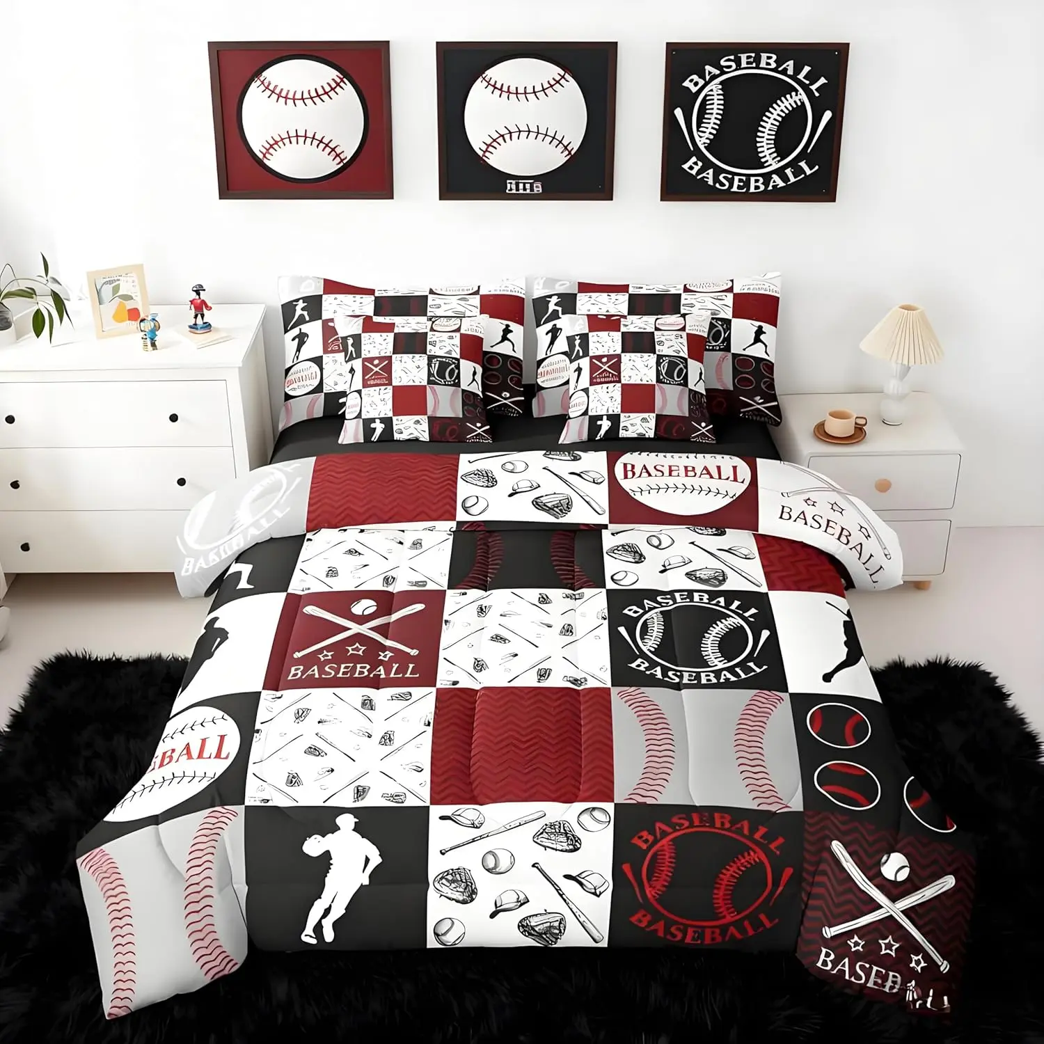 Baseball Comforter Set with Sheets 7 Piece Sports Geometric Grid Red Bedding Set for Kids Boys Girls Patchwork Baseball Bed in a Bag Room Decor Soft Lightweight Microfiber