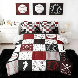 Baseball Comforter Set with Sheets 7 Piece Sports Geometric Grid Red Bedding Set for Kids Boys Girls Patchwork Baseball Bed in a Bag Room Decor Soft Lightweight Microfiber