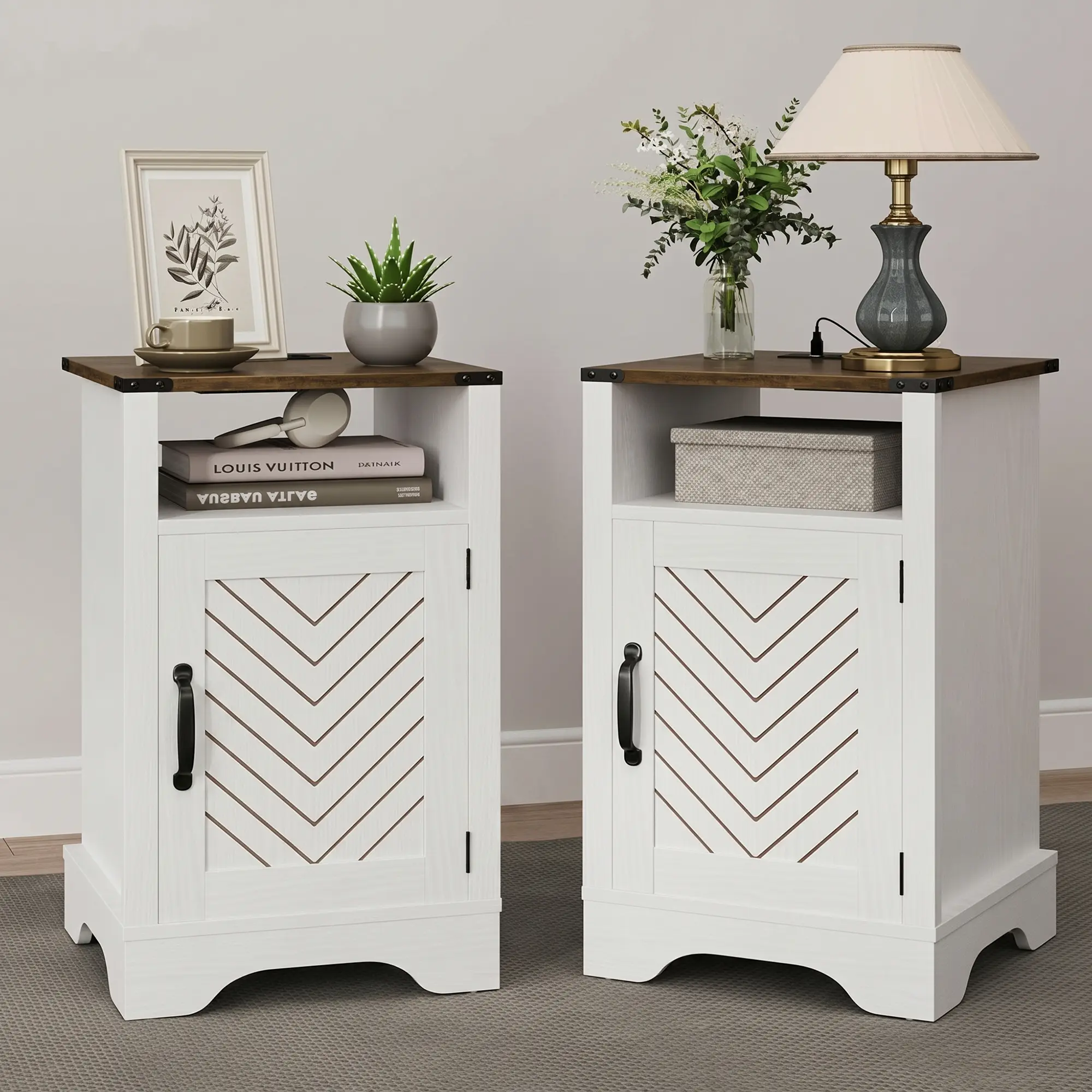 RoyalCraft L Large Nightstand with Charging Station, White End Table with Drawer, Tall Bedside Table with Large Storage Room and Shelf, Wooden Table for Bedroom, Living Room