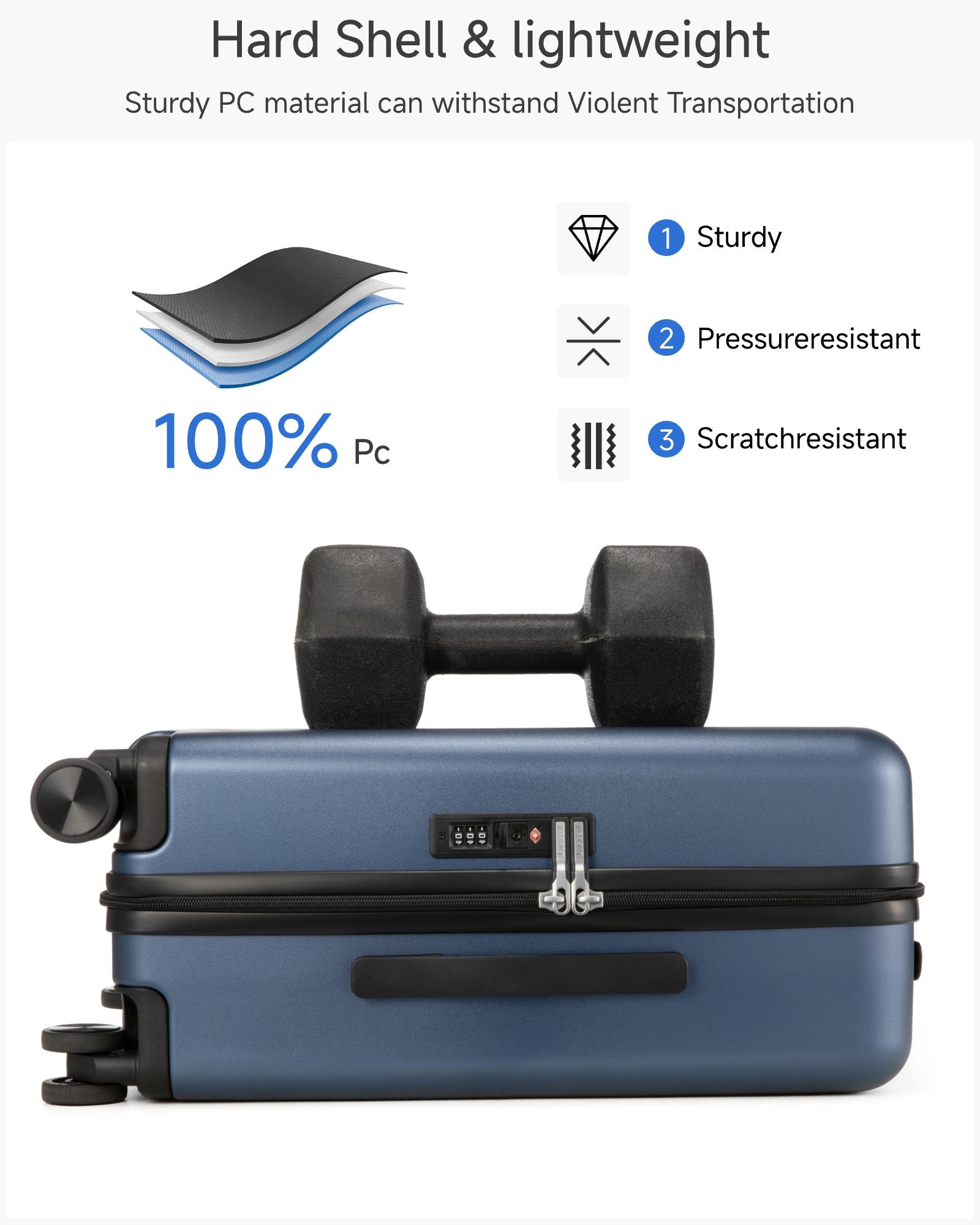 LUGGEX 20 Inch Carry On Luggage, Airline Approved, 100% PC Hard Shell Travel Suitcase with Smooth Spinner Wheels, TSA Lock, Blue