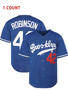 Men's 42 Robinson Lettering Embroidery Baseball Jersey, Loose Casual Quick Drying Baseball Top, Breathable Baseball Top for Outdoor Sports, Embroidered Baseball Jersey