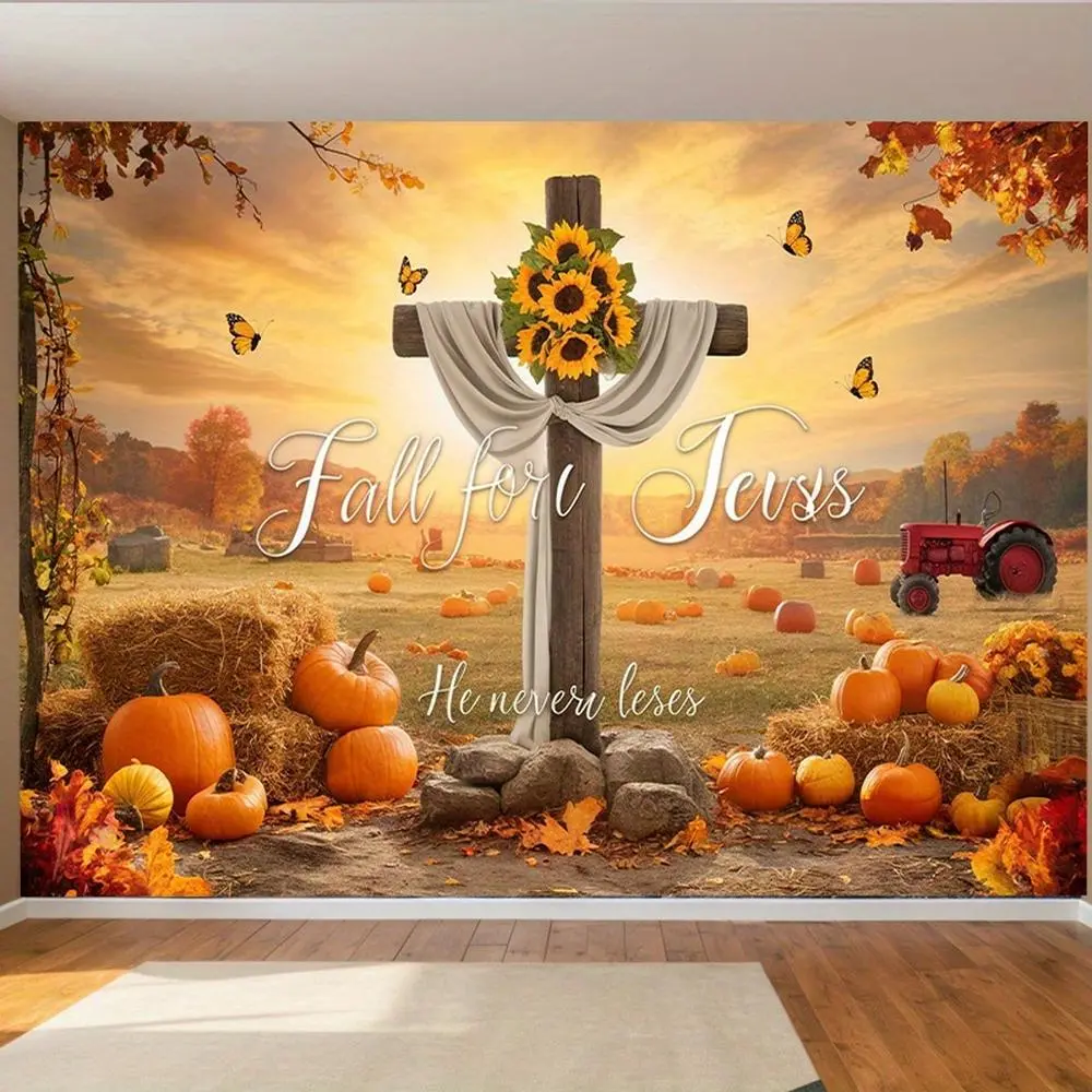 1pc Religious Jesus Thanksgiving Large Polyester Banner - Party Decoration Supplies, Happy Birthday Backdrop, Wall Decor with Cross, Pumpkin, Sunflower, Butterflies, Autumn Leaves for Home Events, Backdrop Picture
