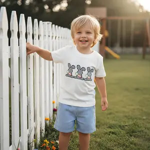 Toddler Boys' White Tee & Blue Stripe Shorts Set with Bunny & Carrot Embroidery Soft 95% Polyester 5% Spandex Casual Outfit for 12M-5Y