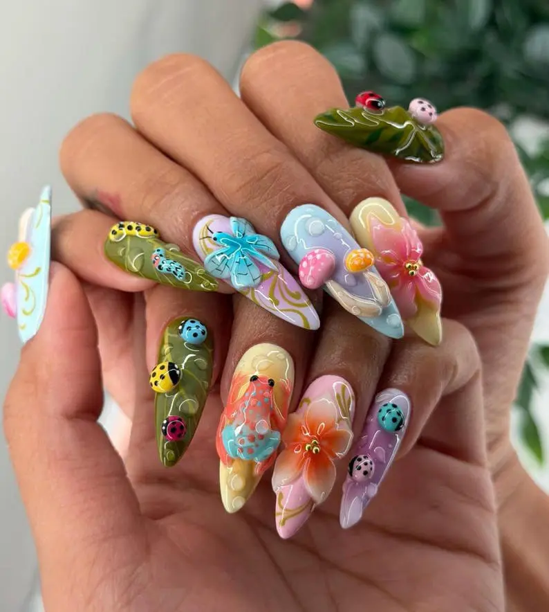 Maximalist Fairycore Press on Nails with 3D Frog, Mushroom & Ladybug | 3D Fake Nails in Stiletto | Quirky Nature Handmade Nail Art Summer