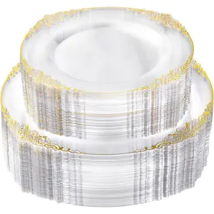 100 count Clear and  Plastic Plates for 50 Guests, Clear Disposable Plates Include 50 count Dinner Plates, 50 count Dessert Plates for Party, Wedding and Graduation