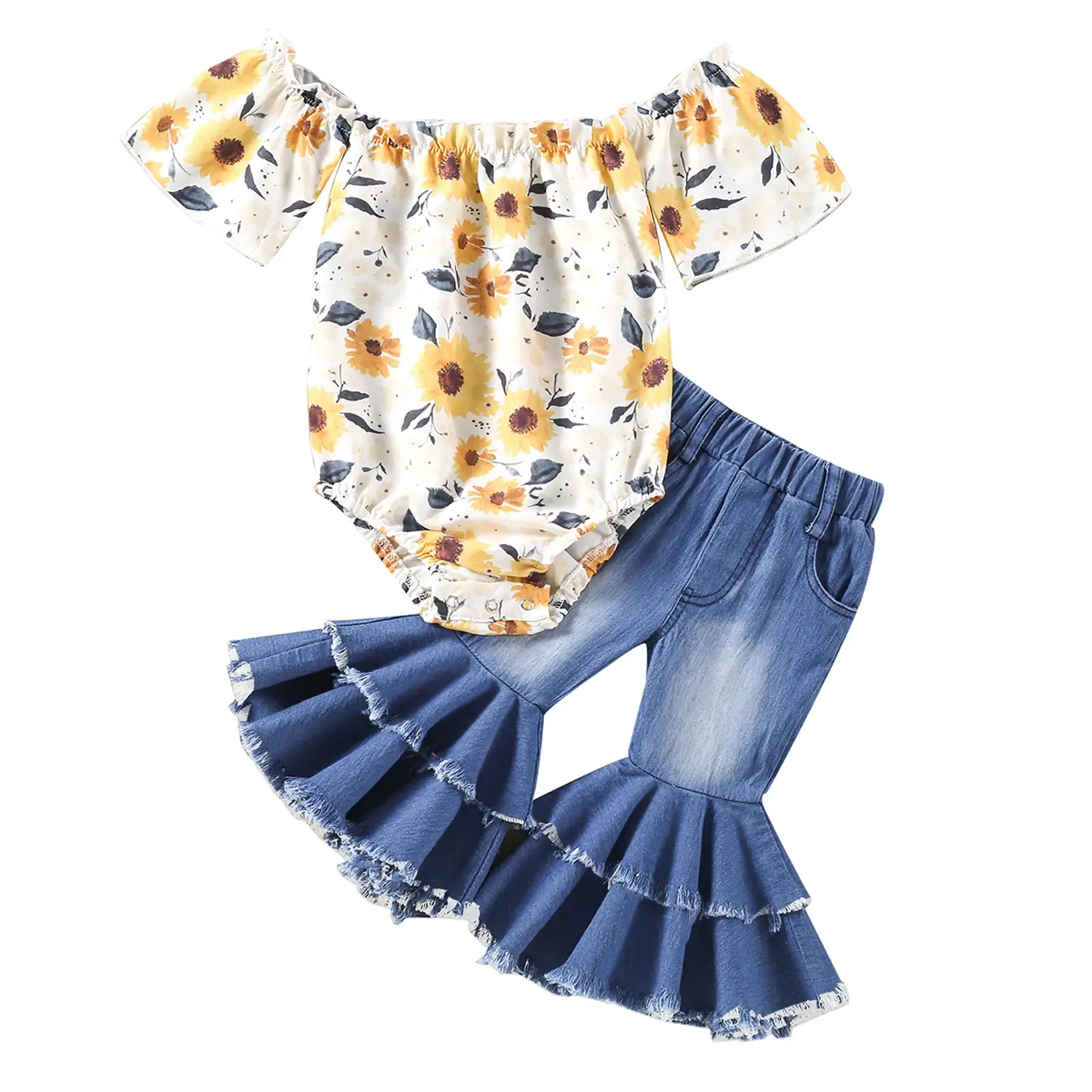 Infant Girl Bell Bottoms Outfit Sunflower Off Shoulder Bodysuit Romper Denim Flared Pants Summer Jean 2 Pieces Set