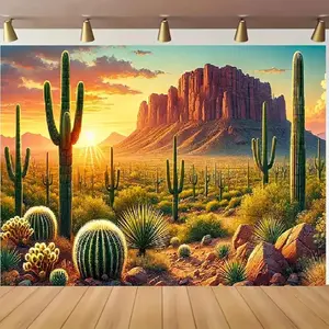 Wild West Desert Landscape Backdrop 2D Flat Dramatic Sunset Cacti Mountain Range Ideal for Photography Parties Home Decor Setup No Electricity Needed