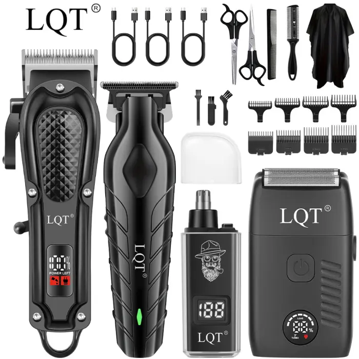 LQT 4-in-1 Professional Men's Grooming Combo Set - Cordless Hair Trimmer & Clipper, Gap-Free Edge Tool, Electric Shaver, Nose Hair Trimmer, Barber Shears, Complete Accessories, USB Charge, LED Display, 800g, ABS, Portable, Youth-Friendly for Home Haircut,