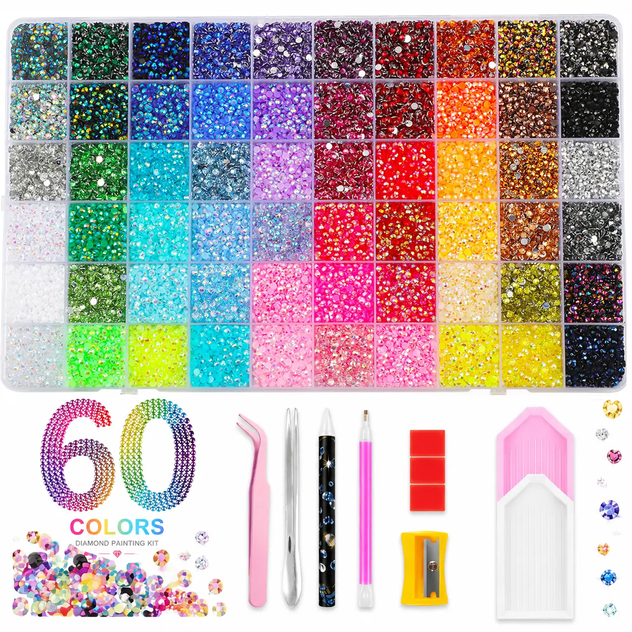 60Colors Jelly Synthetic Rhinestone Kit, 60000Pcs 3mm Flatback Beads with DIY Nail Art & Shoe Craft Tool, Jewelry Gifted Tool Set, Perfect for Diamond Art Lovers dly
