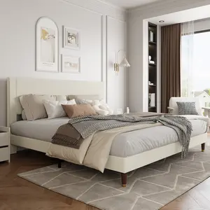 【GARVEE】Minimalist Corduroy Fabric Upholstered Platform Bed Frame with Headboard – Strong Metal & Wooden Slats, Noise-Free, No Box Seasonal Needed, Easy Assembly – Fits Queen/King Size, Green or Beige