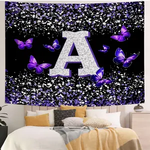 [Sparkling 26 Letter Aesthetic Tapestry] Modern Black Glitter Initial A Wall Tapestry with Purple Butterflies - Premium Digital Printed Wall Hanging for Bedroom & Living Room Decor | Stylish Artistic Wall Tapestry | No Electricity Needed