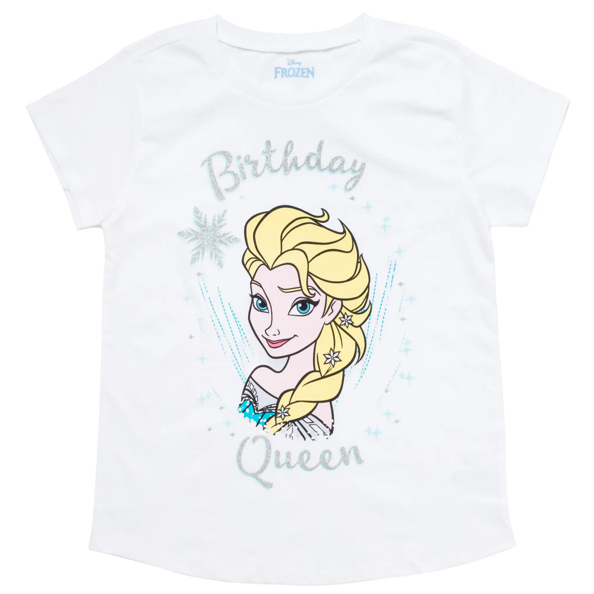 Disney Frozen Girls' Birthday Graphic T-Shirt, 100% Cotton Short Sleeve Top with Silver Glitter & Puff Sleeve Options, Party Gifts, 3T, Toddler Fit, Round Neck, Glitter Accents, Frozen Theme, Short Sleeve Tops