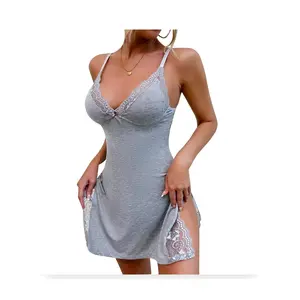 Women's Lace Trim Cami Nightgown - Adjustable Strap, Soft Lightweight Loungewear, 94.9% Viscose 5.1% Elastane Fabric, Low Cut Sleeveless Mini Length, Bowknot Contrast Lace Slit, Comfortable Basic Lady Nightwear