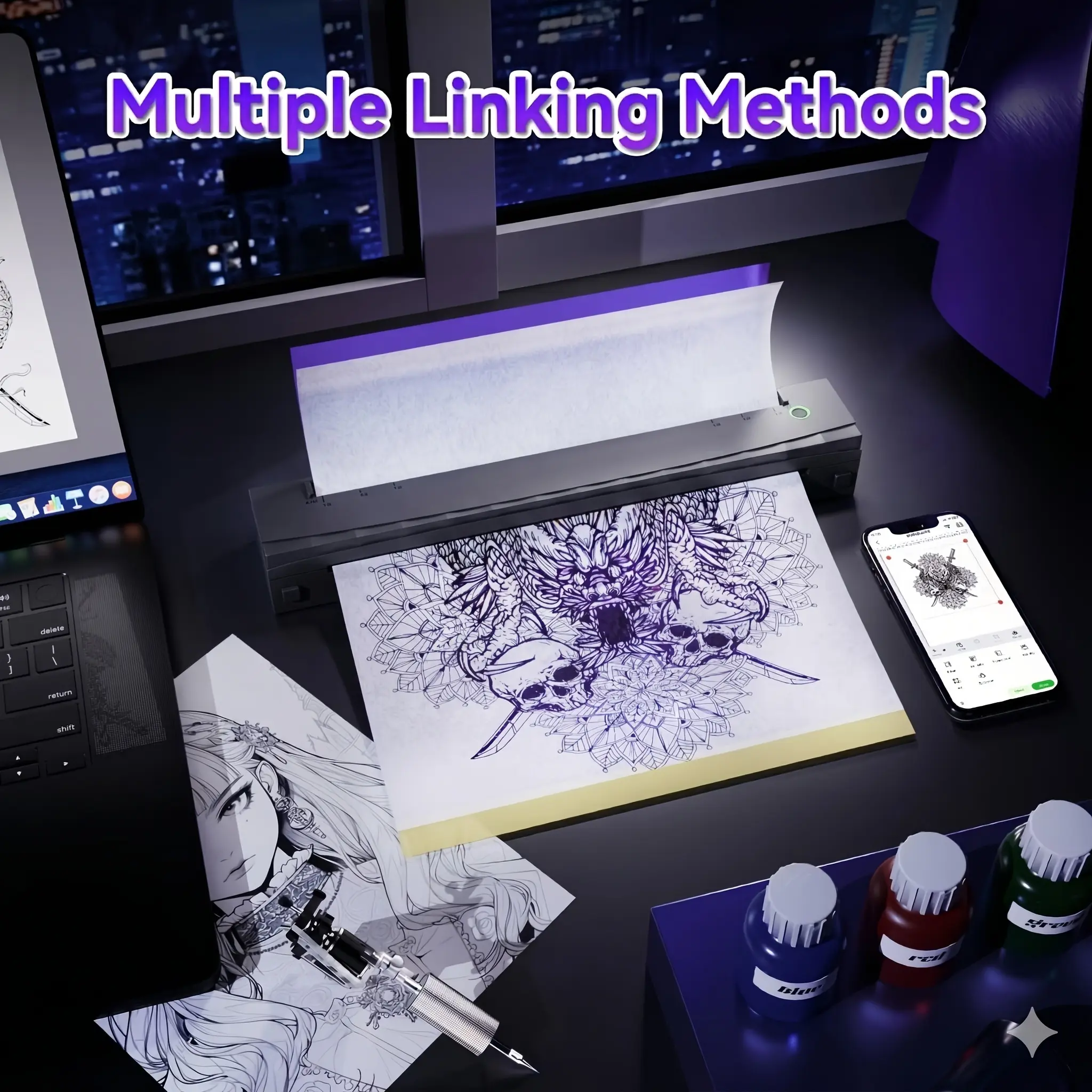 D80 Tattoo Transfer Machine Tattoo Printer Thermal Printer, Mini Portable Printer, Compatible with Smartphones and PC, IOS, Android, comes with 5 sheets of A4 tattoo transfer paper