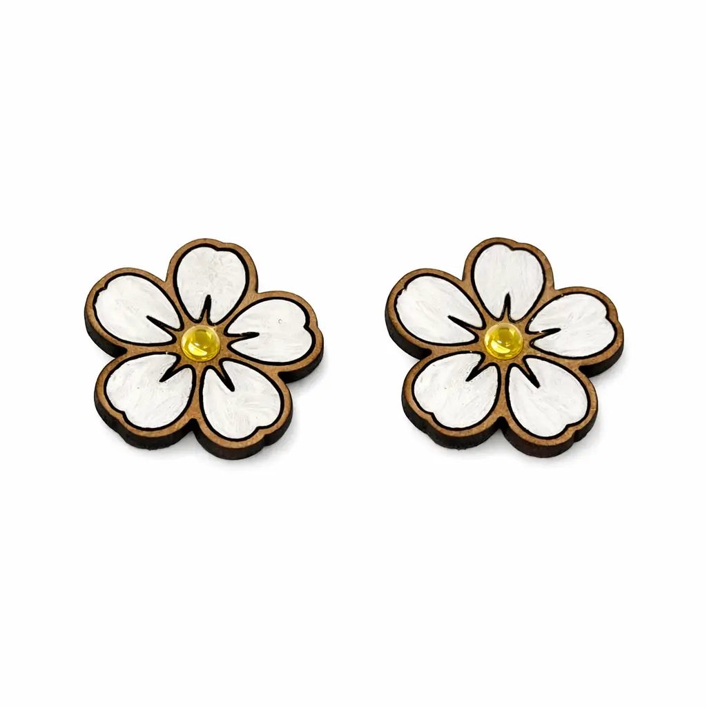 Handmade Floral Wood Stud Earrings – White Blossom with Golden Center